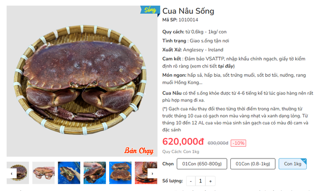 Cua nâu được rao bán tại 1 cửa hàng thực phẩm nhập khẩu tại Việt Nam.