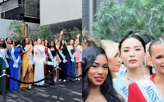 Hình ảnh Kỳ Duyên đứng trong dàn thí sinh khi tham gia hoạt động ở ngày 2