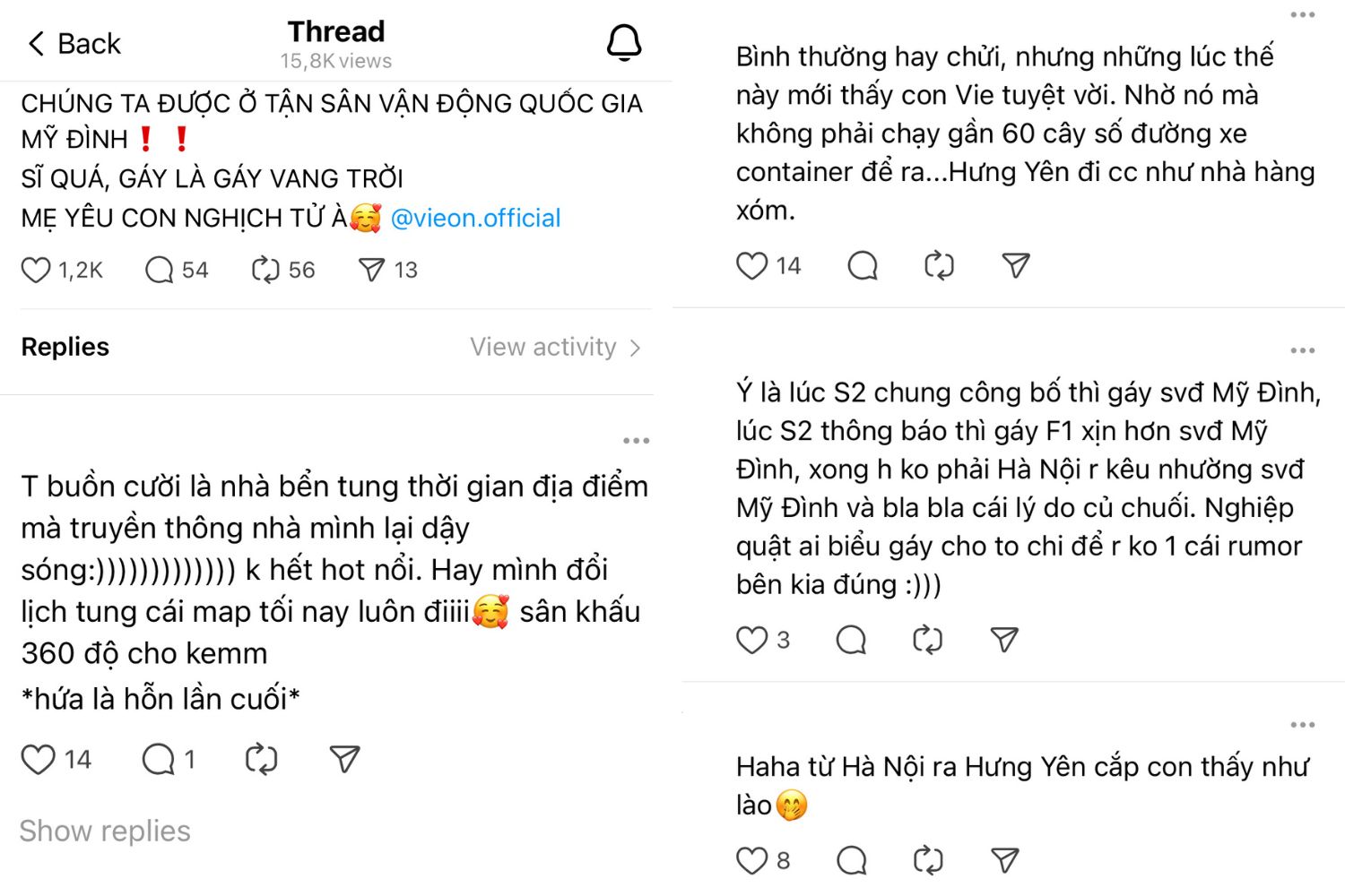 Bài đăng của fan Anh Trai Say Hi trên MXH Threads với nhiều bình luận “hả hê”