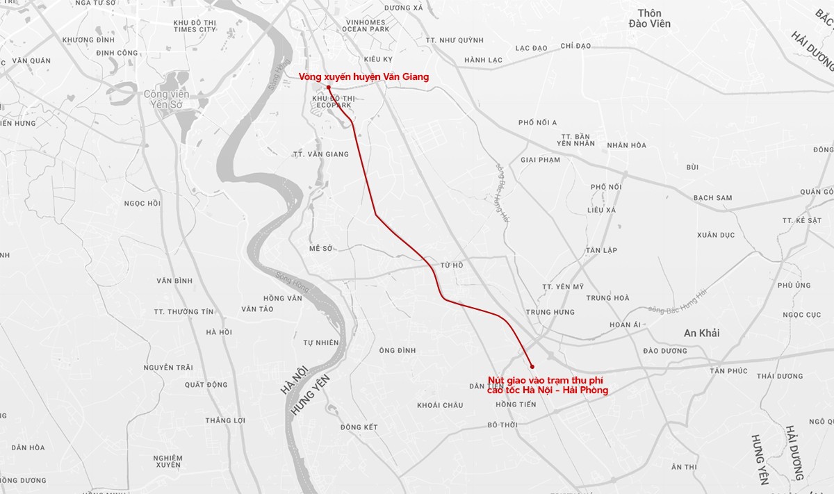 Bản đồ tuyến đường liên tỉnh Hà Nội - Hưng Yên kéo dài (Ảnh: Google Maps).