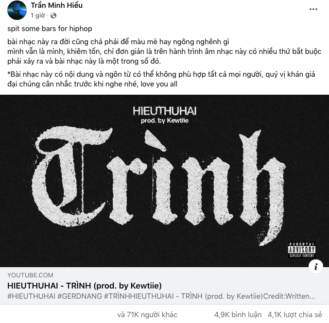 HIEUTHUHAI chia sẻ về bài rap mới, nhận về tương tác khủng chỉ sau 1 tiếng