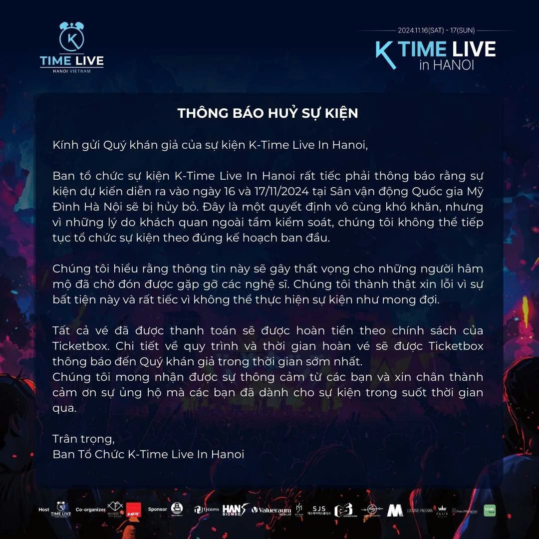 Đến ngày 13/11, BTC K-Time Live đăng thông báo huỷ show