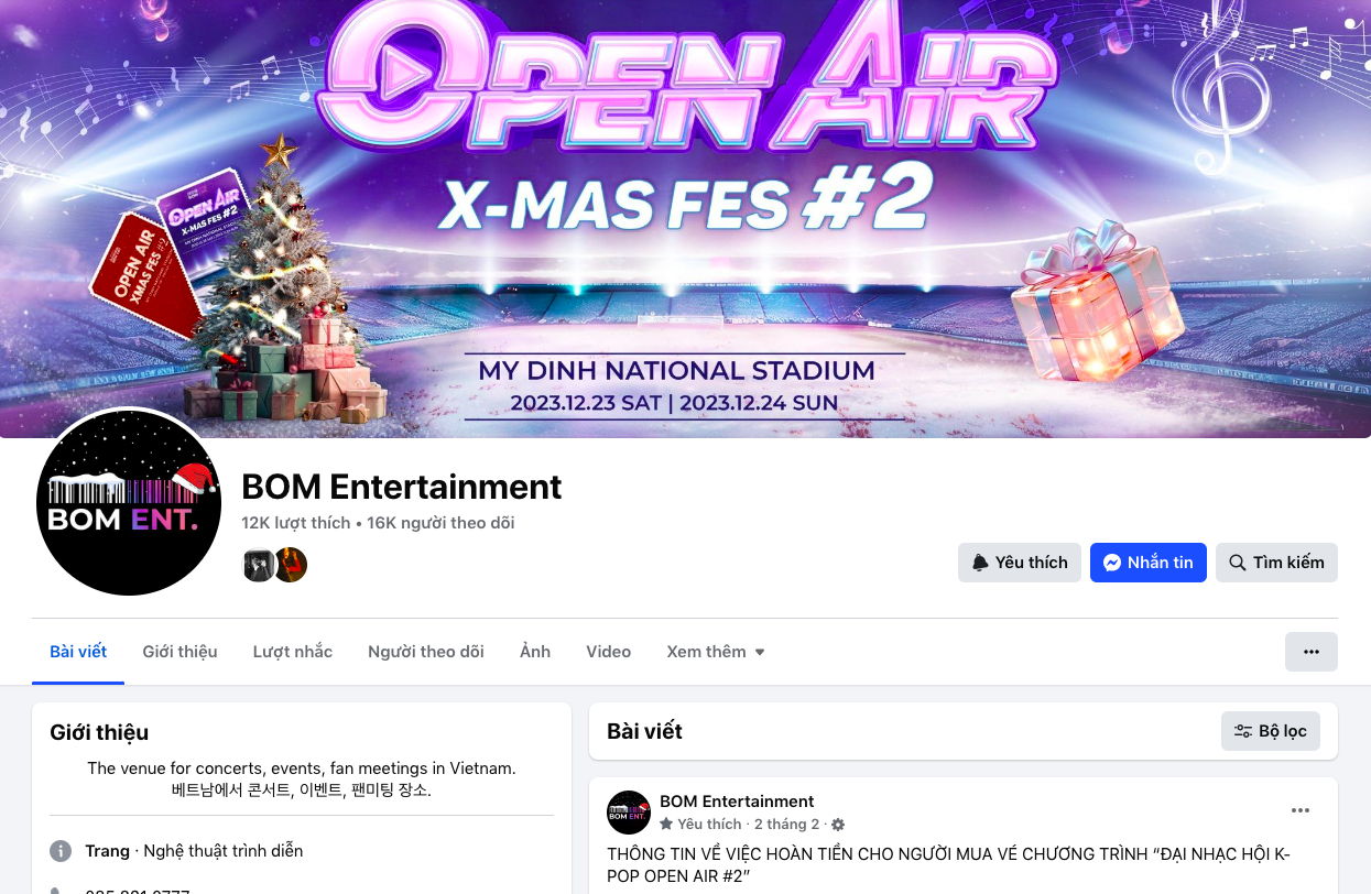 Fanpage của Bom Entertainment đã dừng cập nhật từ đầu năm nay. Vấn đề hoàn tiền vẫn chưa hoàn thành.