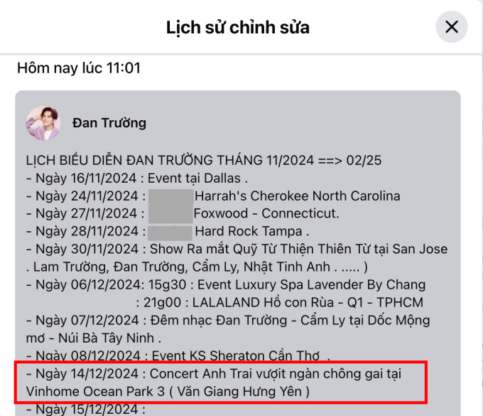 Lịch trình biểu diễn tại concert Anh trai vượt ngàn chông gai được đăng tải trên trang cá nhân của nam ca sĩ Đan Trường