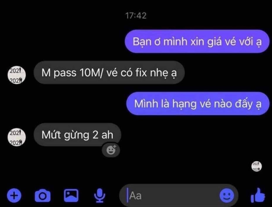 Vé hạng Mứt gừng (giá gốc 1,2 triệu đồng) được rao bán với giá 10 triệu đồng/vé