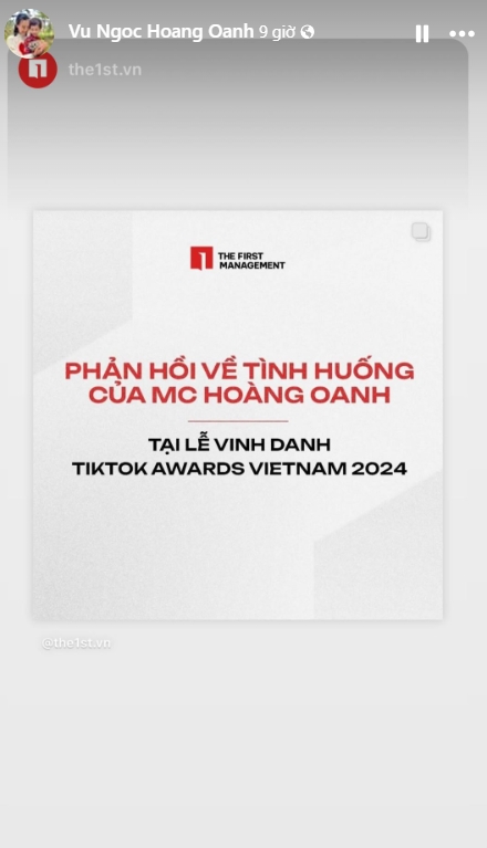 Hoàng Oanh cũng chia sẻ bài đăng xin lỗi từ phía công ty quản lý ở Instagram lên Facebook cá nhân.