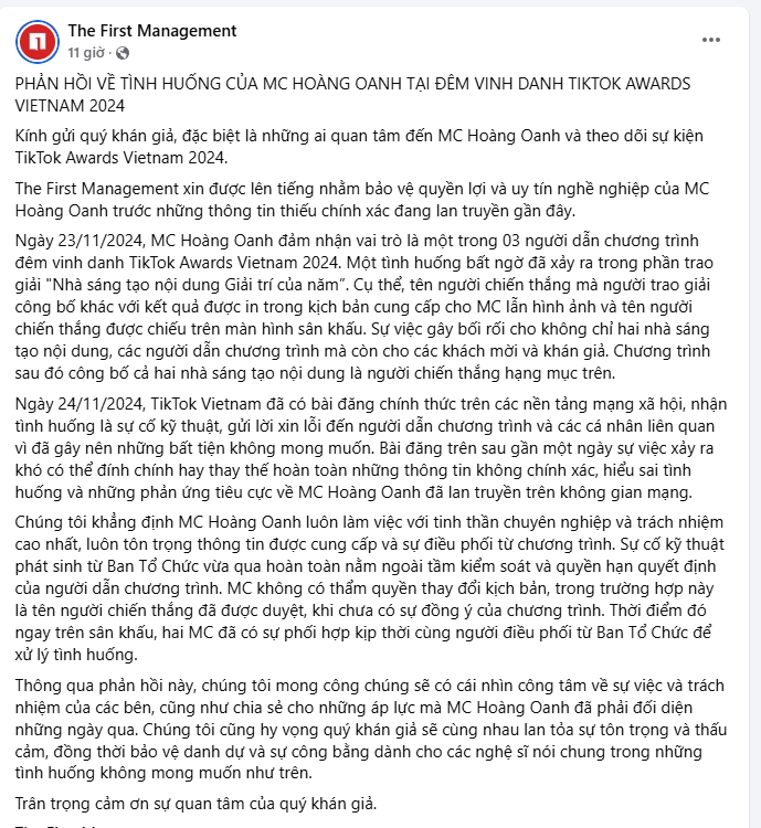 Nguyên văn bài xin lỗi từ phía công ty Hoàng Oanh.