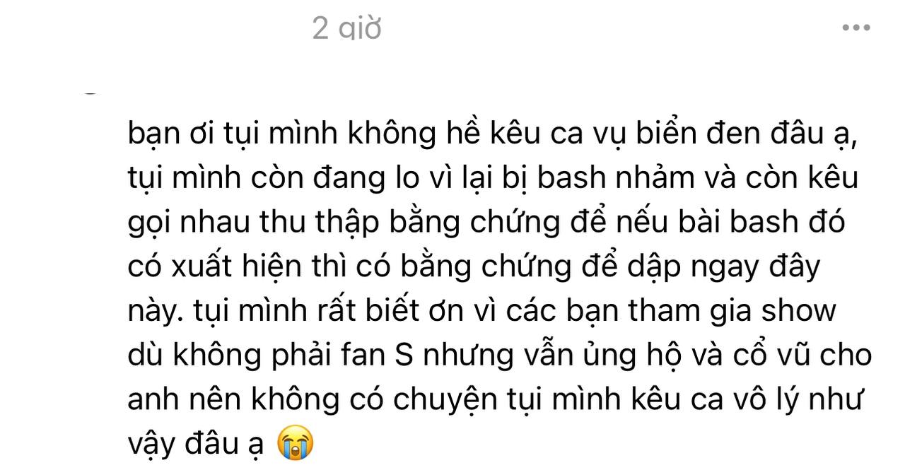 Một trong số các bài đăng của fan SOOBIN khẳng định không có chuyện tố Sky tạo “biển đen” mà trái lại còn dành lời cảm ơn đến người hâm mộ Sơn Tùng M-TP
