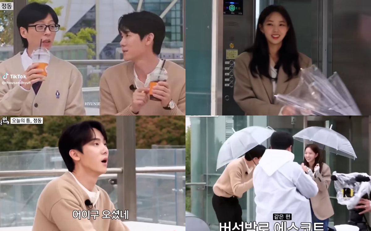 Đang uống nước cùng Yoo Jae Suk, Yoo Yeon Seok vội vàng cầm ô chạy tới đón Chae Soo Bin. Khoảnh khắc dễ thương này khiến netizen mê mẩn.