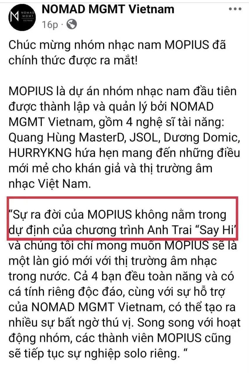 NOMAD xác nhận MOPIUS không nằm trong dự định của Anh Trai Say Hi