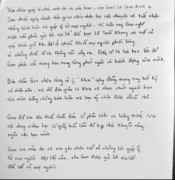 Thư tay xin lỗi của Gon Pink