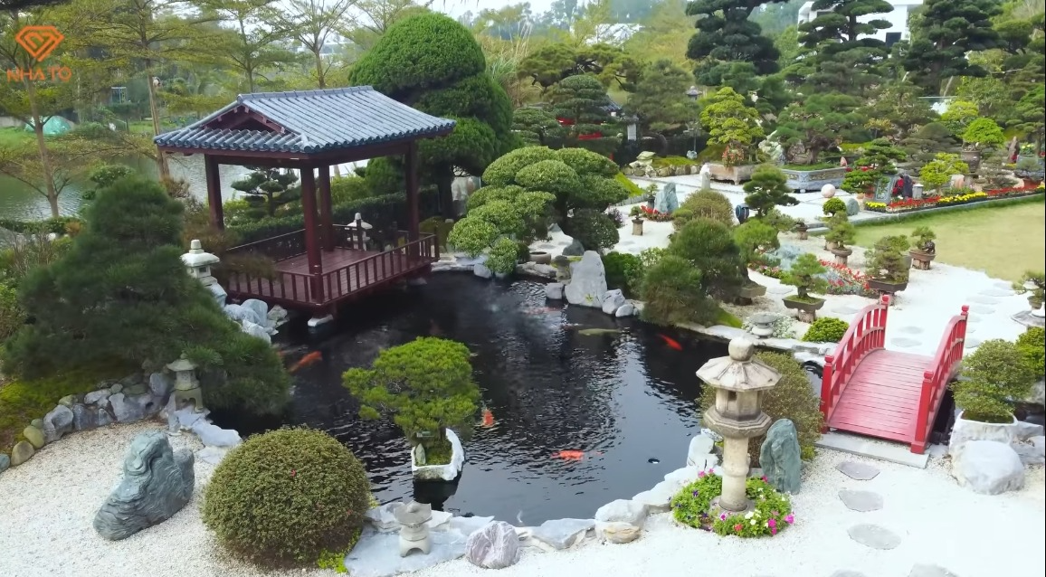 Cùng với khuôn viên sân vườn với loạt cây quý hiếm, khuôn viên còn có 2 hồ cá Koi và lầu nghỉ mát để gia chủ thưởng trà, ngắm cây. Hồ cá Koi 100% là từ Nhật Bản, có cả những con dài tới 1m.