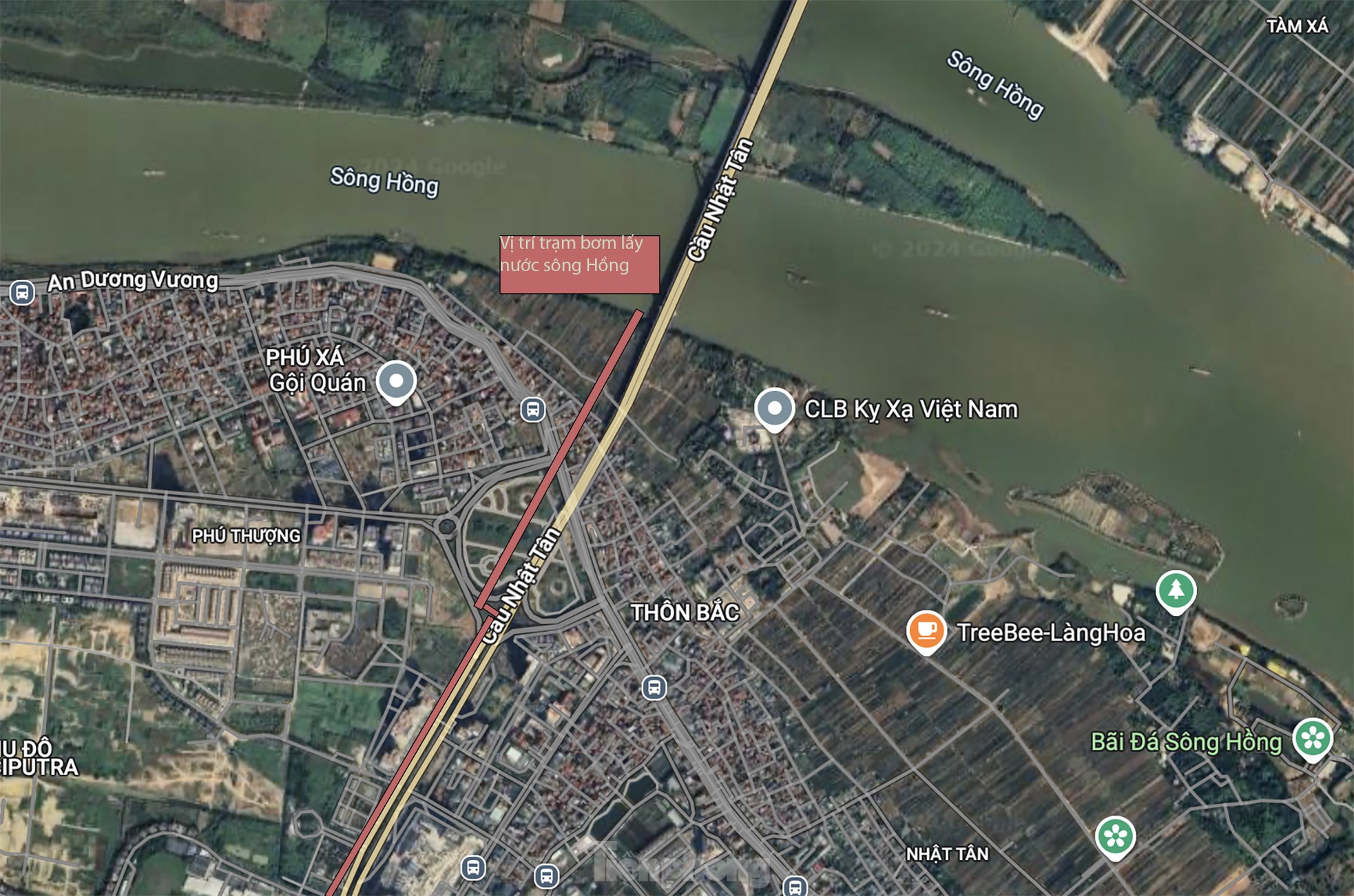 Vị trí đường ống dự kiến xây dựng để lấy nước sông Hồng. Ảnh Google Map.