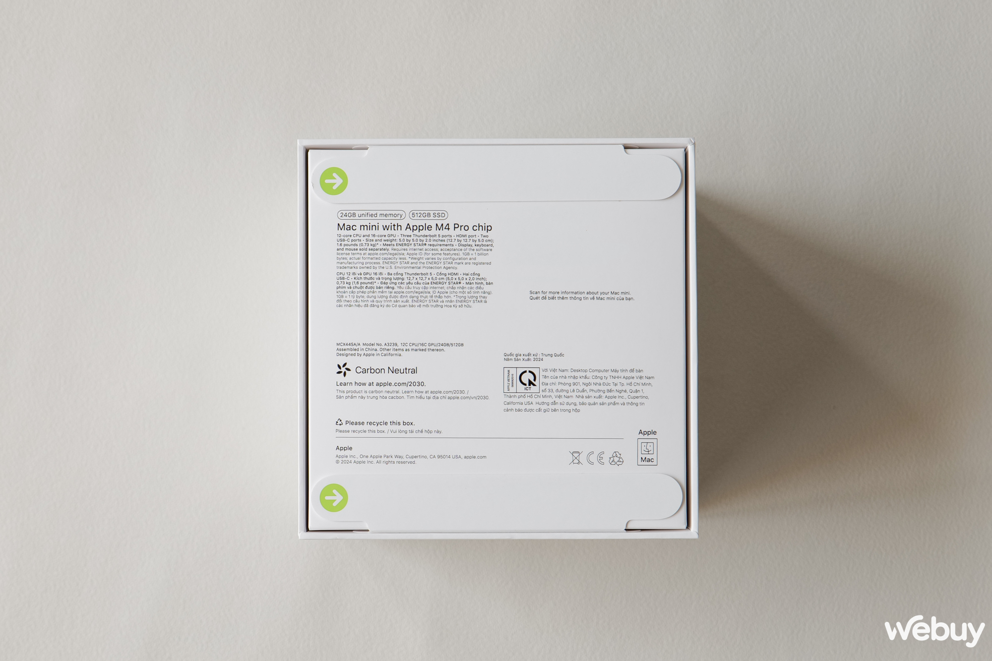 Ở mặt dưới Apple có in thông tin về cấu hình máy, như phiên bản mà tôi trải nghiệm là chip M4 Pro CPU 12 lõi và GPU 16 lõi, bộ nhớ hợp nhất 24GB, SSD 512GB.