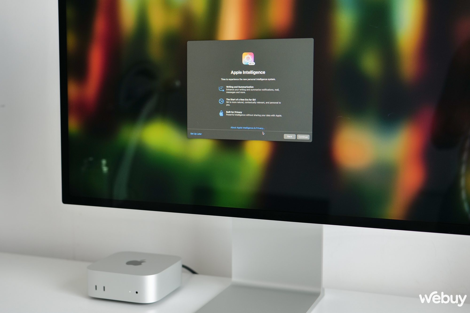 Sau khi kết nối với Internet, hệ thống sẽ giới thiệu Apple Intelligence Beta được tích hợp sẵn trong Mac mini. Máy hiện đang chạy trên macOS 15.1 Sequoia.