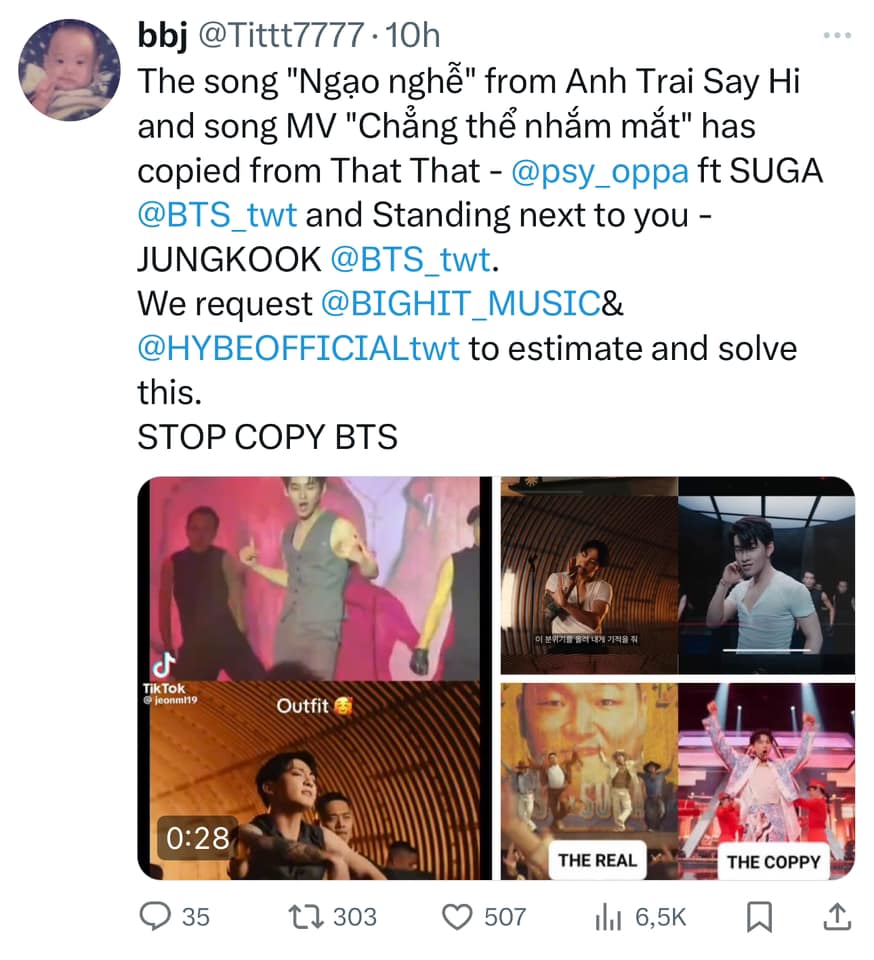 Hàng loạt tài khoản của fan quốc tế nhóm BTS đã đăng đàn về việc Hùng Huỳnh đạo nhái Jung Kook