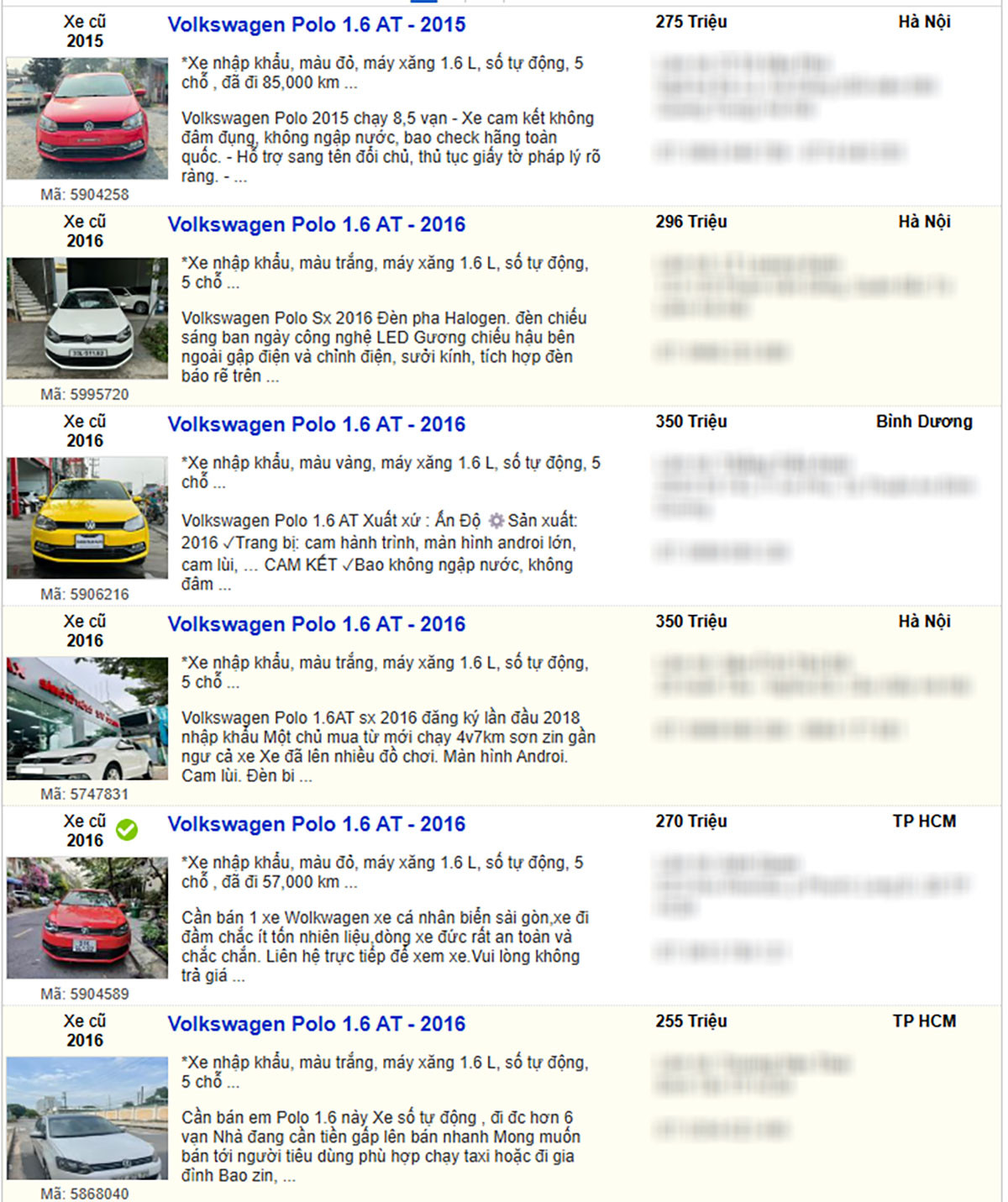 Volkswagen Polo 2015-2016 được chào bán trên các trang mua bán xe cũ. Ảnh chụp màn hình từ Bonbanh.com