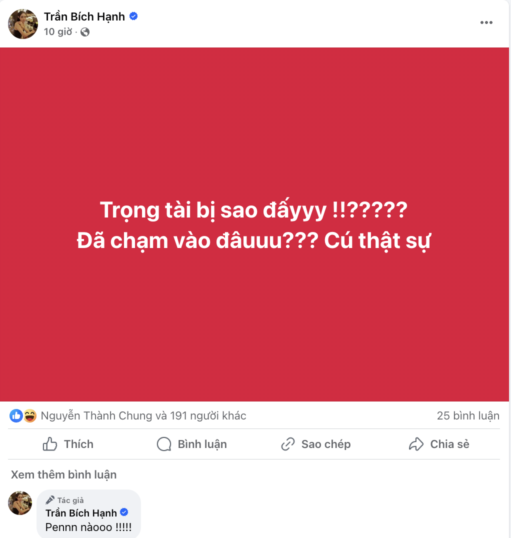 Trong khi đó, bạn gái Vũ Văn Thanh giống bao CĐV Việt Nam, cảm thấy khó hiểu về các quyết định của trọng tài chính