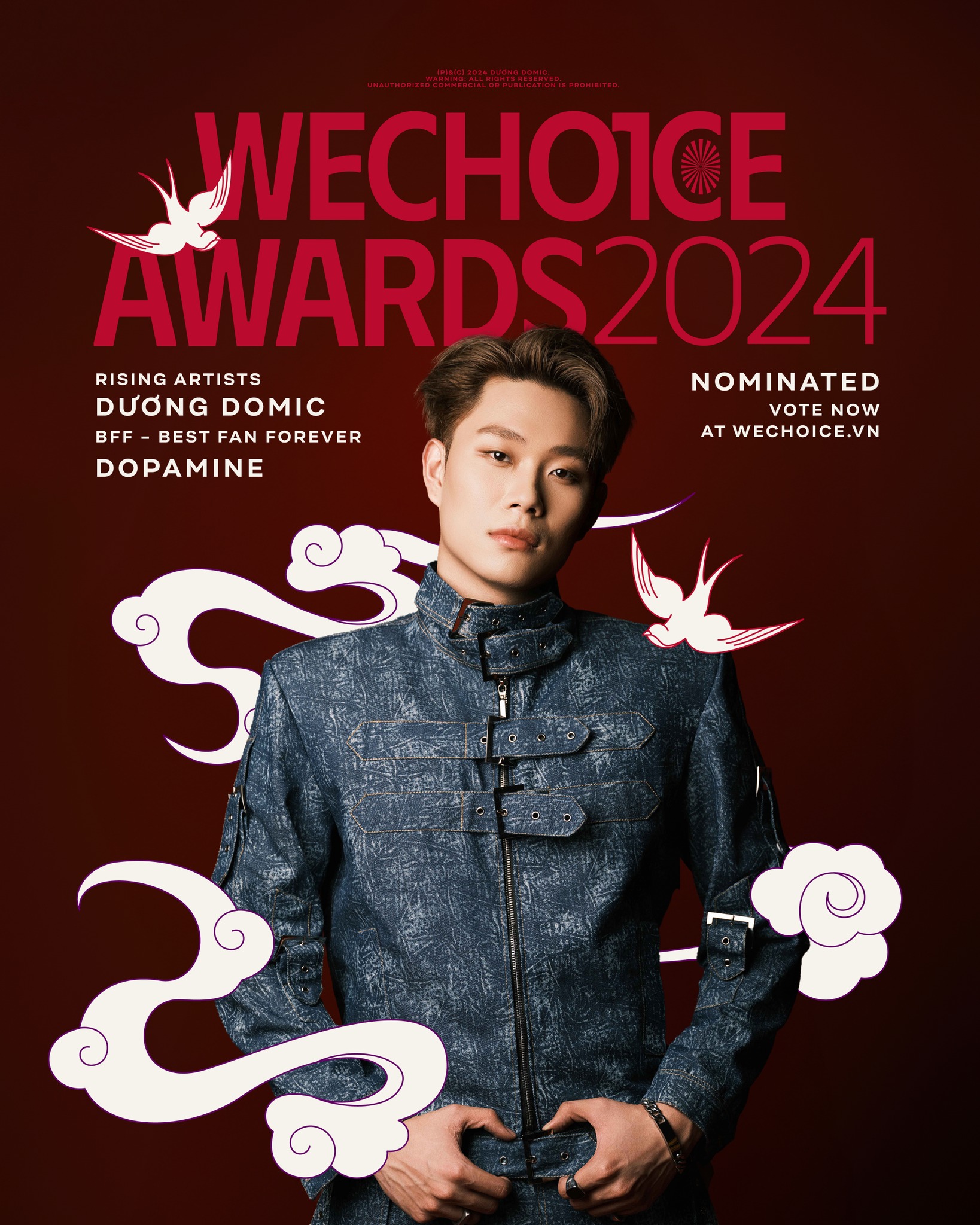 Tại WeChoice Awards 2024, Dương Domic được cộng đồng đề cử ở hạng mục Rising Artist, FC Dopamine cũng lọt top Best Fandom Forever