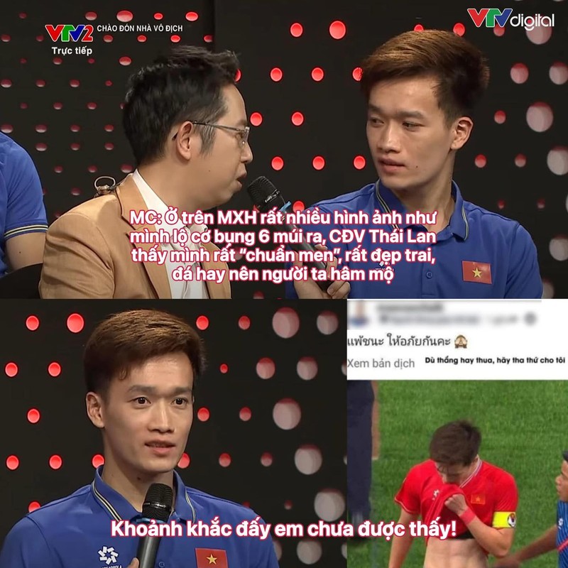 Đặc biệt, tình huống MC hỏi Hoàng Đức về hình ảnh của anh được các nữ CĐV Thái Lan truyền tay nhau khiến netizen vô cùng thích thú.