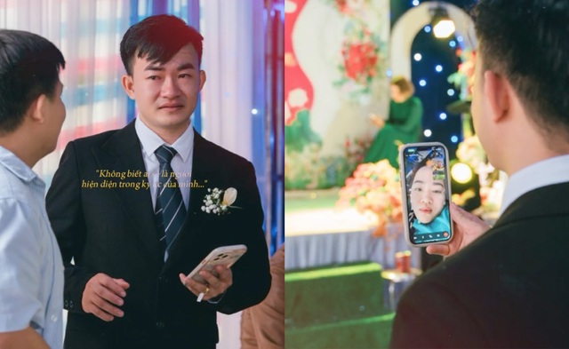 Hình ảnh chú rể Bá Định mắt đỏ hoe, gọi video cho cô dâu đang nằm viện. (Ảnh: Cắt từ clip)