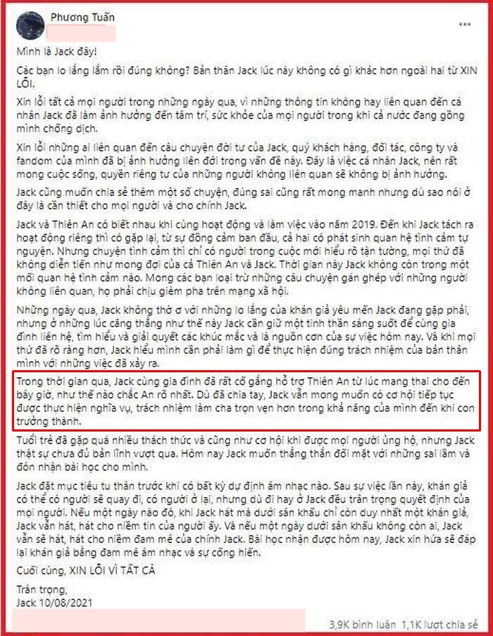 Jack từng nhắc về trách nhiệm của bản thân trong tâm thư 4 năm trước