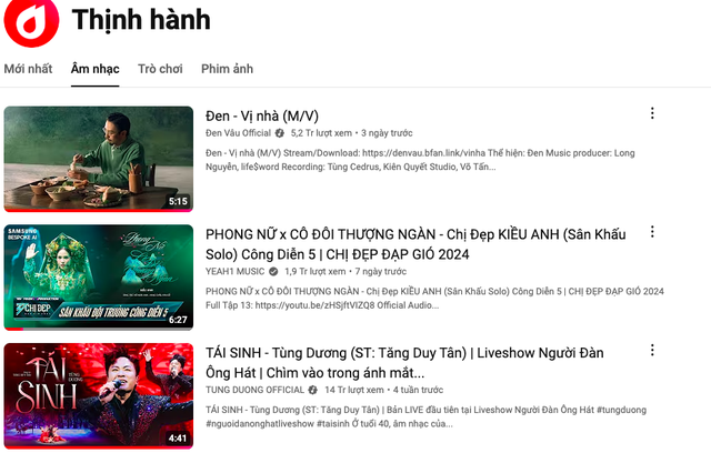 Top 3 Trending Việt Nam hiện giờ thuộc về Đen, Kiều Anh và Tùng Dương
