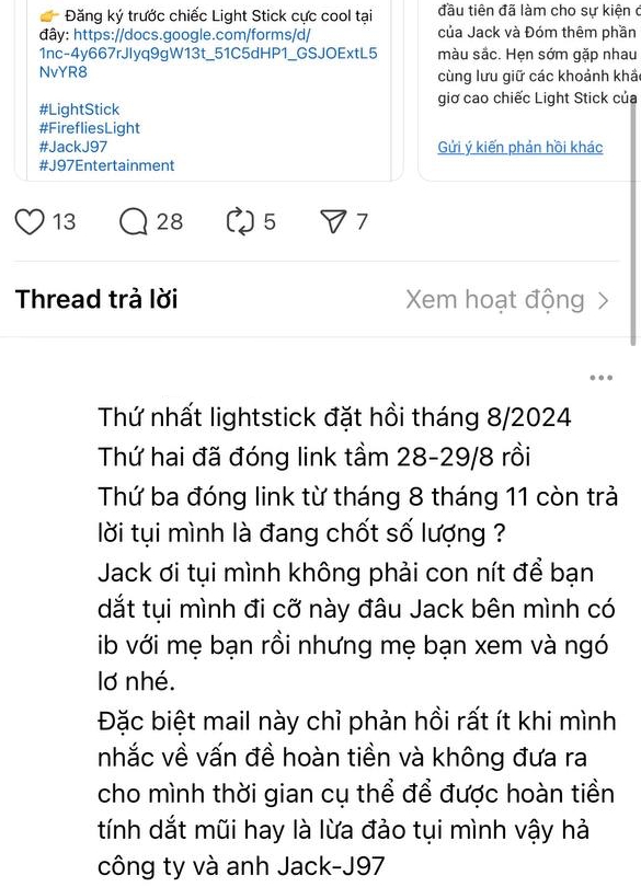 Tiền đã chuyển nhưng ekip Jack không có động thái trả hàng, phản hồi thắc mắc của người mua