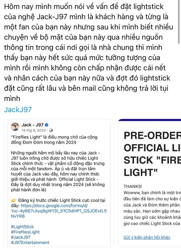 Người mua hàng thắc mắc về lightstick đã đặt mua của Jack