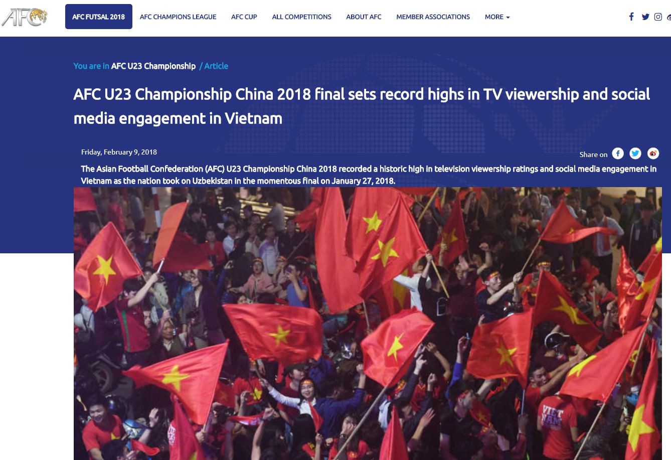 AFC 'sốc' khi kỳ tích U23 Việt Nam phá mọi kỷ lục truyền hình - 1 AFC 'sốc' khi kỳ tích U23 Việt Nam phá mọi kỷ lục truyền hình - 1