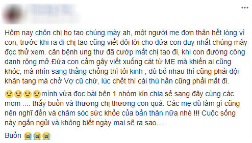 Bức thư của người mẹ đơn thân ung thư viết cho con trai trước khi qua đời: Các bạn có mẹ có cha, thương con côi cút nghĩ mà xót đau Bức thư của người mẹ đơn thân ung thư viết cho con trai trước khi qua đời: Các bạn có mẹ có cha, thương con côi cút nghĩ mà xót đau