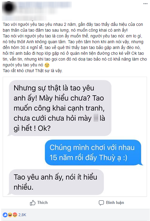 Cô gái bức xúc vì bạn thân 15 năm cướp người yêu, còn tuyên bố: 'Chưa cưới hỏi thì không là gì hết' - 1 Cô gái bức xúc vì bạn thân 15 năm cướp người yêu, còn tuyên bố: 'Chưa cưới hỏi thì không là gì hết' - 1