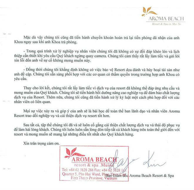 Khoa Pug nhận được mail xin lỗi từ resort Aroma, mong cộng đồng 'đừng tiệt đường sống của họ' và ngừng đánh giá 1 sao - 3 Khoa Pug nhận được mail xin lỗi từ resort Aroma, mong cộng đồng 'đừng tiệt đường sống của họ' và ngừng đánh giá 1 sao - 3