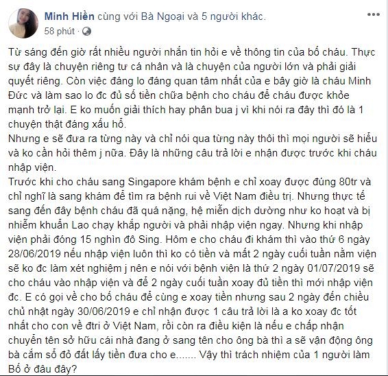 Giữa lúc con cần 4 tỉ để thay tủy, Minh Hiền nhắn cho bố của con trai thì được đáp trả: 'Em tự lo đi' - 2 Giữa lúc con cần 4 tỉ để thay tủy, Minh Hiền nhắn cho bố của con trai thì được đáp trả: 'Em tự lo đi' - 2