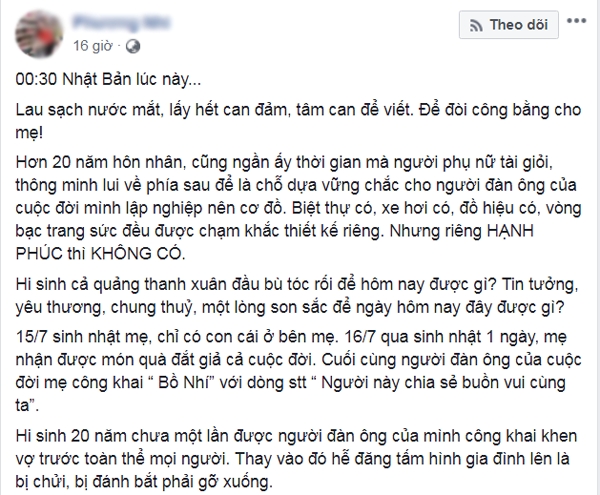 Du học sinh Nhật bức xúc tố bố đẻ ngoại tình còn đánh đập vợ con, quyết đòi lại công bằng cho mẹ Du học sinh Nhật bức xúc tố bố đẻ ngoại tình còn đánh đập vợ con, quyết đòi lại công bằng cho mẹ