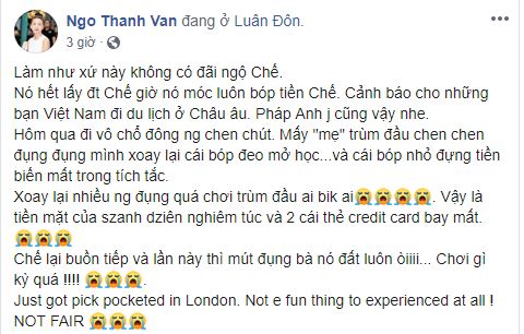 Ngô Thanh Vân bị móc túi, mất sạch tiền mặt tại Anh Ngô Thanh Vân bị móc túi, mất sạch tiền mặt tại Anh