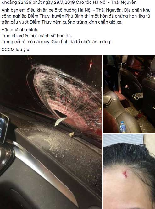 Truy tìm kẻ ném vỡ kính xe ô tô khiến 1 phụ nữ bị thương trên cao tốc Hà Nội - Thái Nguyên Truy tìm kẻ ném vỡ kính xe ô tô khiến 1 phụ nữ bị thương trên cao tốc Hà Nội - Thái Nguyên