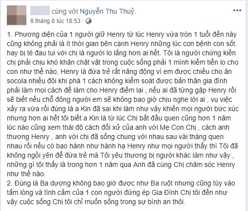 Bảo mẫu của con trai Thu Thủy lên tiếng về Kin Nguyễn hậu lùm xùm cấu tay: 'Ba dượng không bao giờ được như ba ruột' Bảo mẫu của con trai Thu Thủy lên tiếng về Kin Nguyễn hậu lùm xùm cấu tay: 'Ba dượng không bao giờ được như ba ruột'