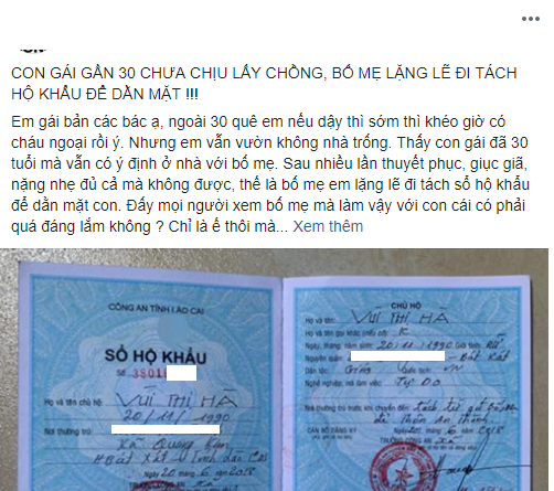 Gần 30 tuổi vẫn 'vườn không nhà trống', cô gái bị bố mẹ đẻ âm thầm tách hộ khẩu để dằn mặt, ép đi lấy chồng Gần 30 tuổi vẫn 'vườn không nhà trống', cô gái bị bố mẹ đẻ âm thầm tách hộ khẩu để dằn mặt, ép đi lấy chồng