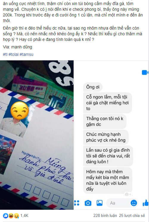 Chuyện phong bì: Lúc bạn cưới tôi mừng 1 triệu, lúc tôi cưới bạn gửi có 200k, còn dắt theo 3 người lấy cả mâm cỗ mang về! Chuyện phong bì: Lúc bạn cưới tôi mừng 1 triệu, lúc tôi cưới bạn gửi có 200k, còn dắt theo 3 người lấy cả mâm cỗ mang về!