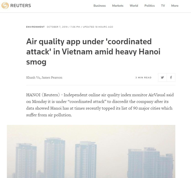 Bị Reuters chỉ mặt là 'đầu têu' kêu gọi người Việt tẩy chay khiến AirVisual biến mất, ông Vũ Khắc Ngọc lên tiếng xin lỗi ứng dụng này - 1 Bị Reuters chỉ mặt là 'đầu têu' kêu gọi người Việt tẩy chay khiến AirVisual biến mất, ông Vũ Khắc Ngọc lên tiếng xin lỗi ứng dụng này - 1