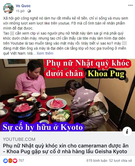 Hạ thấp phụ nữ để 'giật tittle câu view', Khoa Pug bị đầu bếp nổi tiếng gọi tên chửi thẳng là 'vô học' - 1 Hạ thấp phụ nữ để 'giật tittle câu view', Khoa Pug bị đầu bếp nổi tiếng gọi tên chửi thẳng là 'vô học' - 1