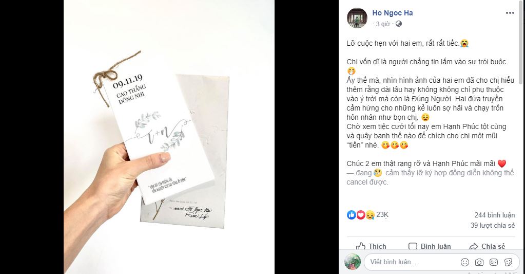 Đều vướng lịch trình không thể tham dự lễ cưới Nhi - Thắng nhưng tâm thư cáo lỗi của Mỹ Tâm và Hồ Ngọc Hà lại nhận được phản ứng trái ngược Đều vướng lịch trình không thể tham dự lễ cưới Nhi - Thắng nhưng tâm thư cáo lỗi của Mỹ Tâm và Hồ Ngọc Hà lại nhận được phản ứng trái ngược