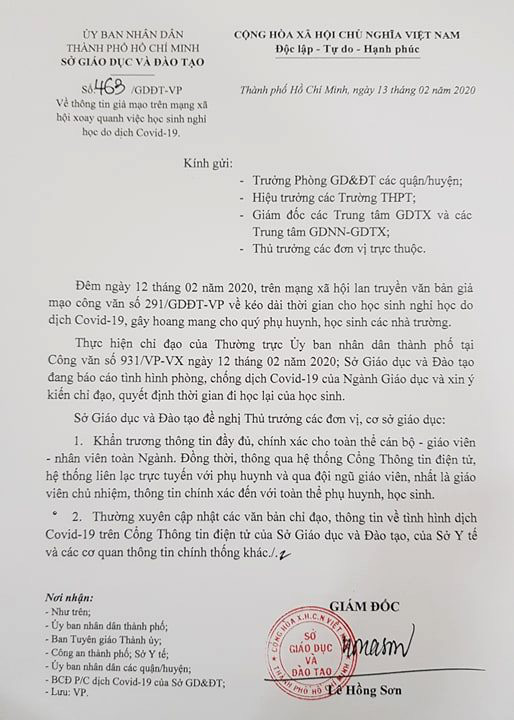 TPHCM: Văn bản thông báo nghỉ học đến 21/2 vì dịch Covid-19 là giả mạo TPHCM: Văn bản thông báo nghỉ học đến 21/2 vì dịch Covid-19 là giả mạo
