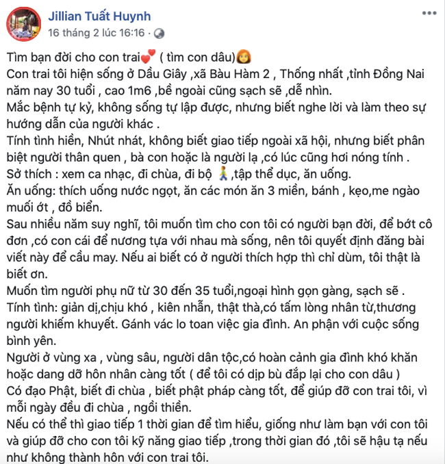 Mẹ Việt lên mạng đăng thông báo tuyển vợ cho con trai 30 tuổi bị tự kỷ: Nhiều tài khoản Facebook lợi dụng cơ hội, thêm thắt với mục đích xấu Mẹ Việt lên mạng đăng thông báo tuyển vợ cho con trai 30 tuổi bị tự kỷ: Nhiều tài khoản Facebook lợi dụng cơ hội, thêm thắt với mục đích xấu