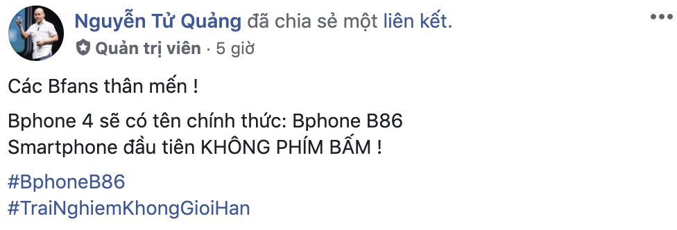 Bphone 4 sẽ có tên chính thức là Bphone B86, Smartphone đầu tiên không phím bấm Bphone 4 sẽ có tên chính thức là Bphone B86, Smartphone đầu tiên không phím bấm