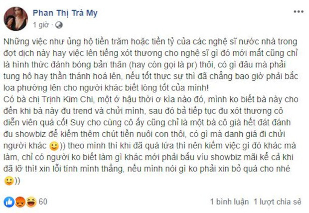 Trà My 'Thương nhớ ai đó' lý giải nguyên do công khai mỉa mai nghệ sĩ Trịnh Kim Chi: 'Tôi bị xúc phạm trước' Trà My 'Thương nhớ ai đó' lý giải nguyên do công khai mỉa mai nghệ sĩ Trịnh Kim Chi: 'Tôi bị xúc phạm trước'