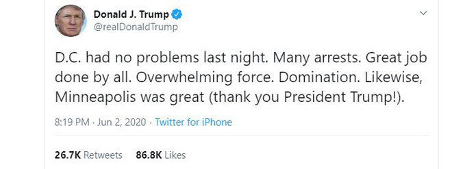 Tweet đầu tiên sau đêm sóng gió ngoài Nhà Trắng, TT Trump tuyên bố 'bắt giữ nhiều', tự cảm ơn chính mình Tweet đầu tiên sau đêm sóng gió ngoài Nhà Trắng, TT Trump tuyên bố 'bắt giữ nhiều', tự cảm ơn chính mình