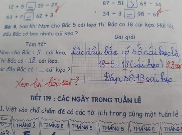 Yêu cầu tính số kẹo, học trò tính đúng 18-5=13 nhưng vẫn bị gạch bỏ: Dân mạng chỉ ra lỗi sai kinh điển của giáo viên Yêu cầu tính số kẹo, học trò tính đúng 18-5=13 nhưng vẫn bị gạch bỏ: Dân mạng chỉ ra lỗi sai kinh điển của giáo viên