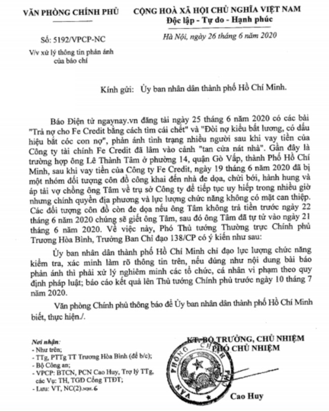Phó thủ tướng chỉ đạo làm rõ thông tin 'Trả nợ cho Fe Credit bằng cách tìm cái chết' Phó thủ tướng chỉ đạo làm rõ thông tin 'Trả nợ cho Fe Credit bằng cách tìm cái chết'